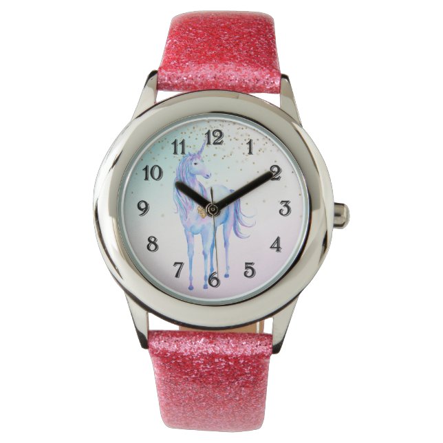 Lila Unicorn Guld Glitter Heart Armbandsur (Framsida)