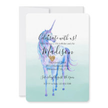 Lila Unicorn Guld Glitter Heart Mint Watercolor