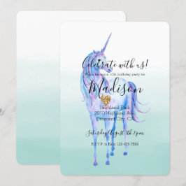 Lila Unicorn Guld Glitter Heart Mint Watercolor Inbjudningar