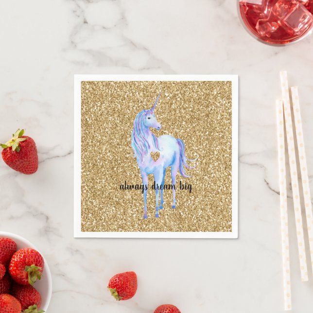 Lila Unicorn Guld Glitter Heart personlig Pappersservett (Insitu)