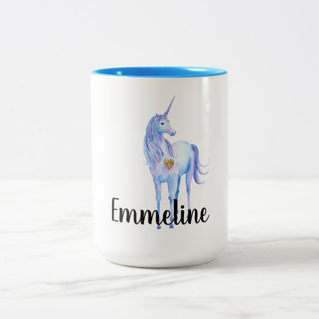 Lila Unicorn Guld Glitter Heart personlig Två-Tonad Mugg (Center)