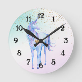 Lila Unicorn Guld Glitter Heart Rund Klocka
