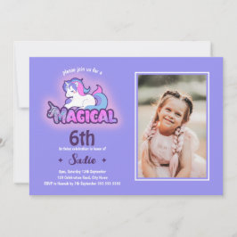 Lila Unicorn Magic any Age 6e Birthday Photo Inbjudningar