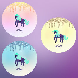Lila Unicorn med Faux Glitter på Pastellkritor Klistermärke
