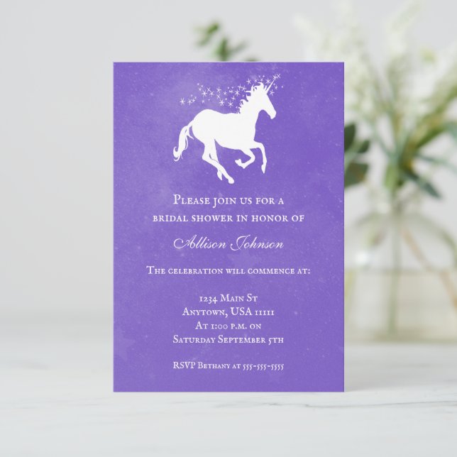 Lila Unicorn Möhippa Inbjudan (Stående Fram)