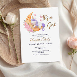 Lila Unicorn på Måne Baby Shower-inbjudan Inbjudningar