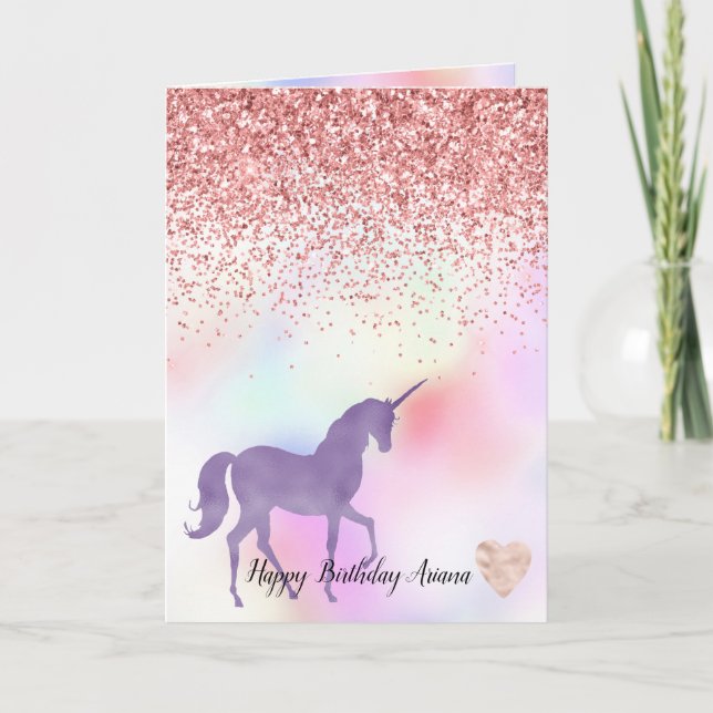 Lila Unicorn Rainbow Rosa Glitter Gnistra Heart Kort (Framsida)