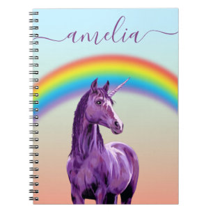 Lila Unicorn & Rainbow Söt Calligraphy Namn Anteckningsbok