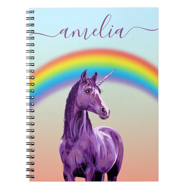Lila Unicorn & Rainbow Söt Calligraphy Namn Anteckningsbok (Framsidan)