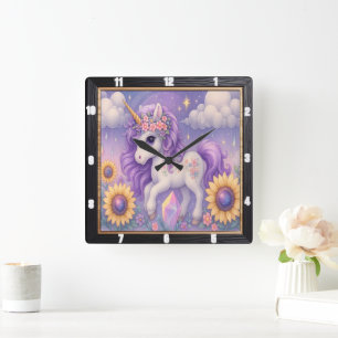 Lila Unicorn Solros Crystal Fyrkantig Klocka