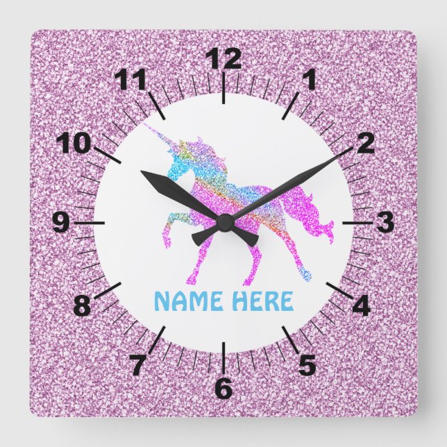Lila Unicorn Square Wall Clock Fyrkantig Klocka (Framsida)