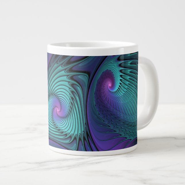 Lila Uppfyller turkos Modern Abstrakt Fractal Art Jumbo Mugg (Framsida höger)