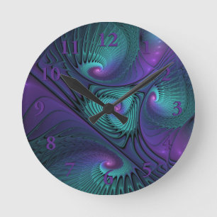 Lila Uppfyller turkos Modern Abstrakt Fractal Art Rund Klocka