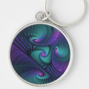 Lila Uppfyller turkos Modern Abstrakt Fractal Art Rund Silverfärgad Nyckelring