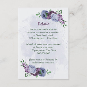 Lila uppgifter om dammblått blommigt bröllop tilläggskort