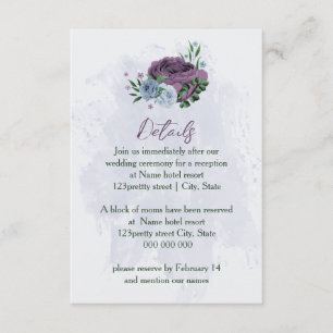Lila uppgifter om dammblått blommigt bröllop tilläggskort