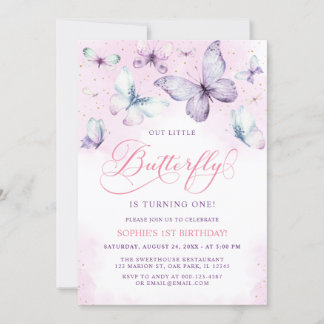 Lila Ut Little Butterfly Flicka 1:a födelsedagen Inbjudningar