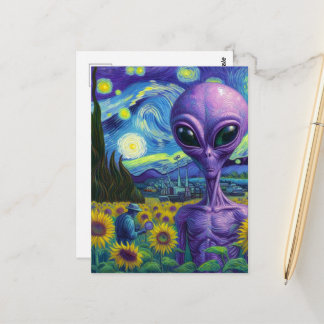 Lila utomjording i ett fejkat Van Gogh-solfältslan Vykort