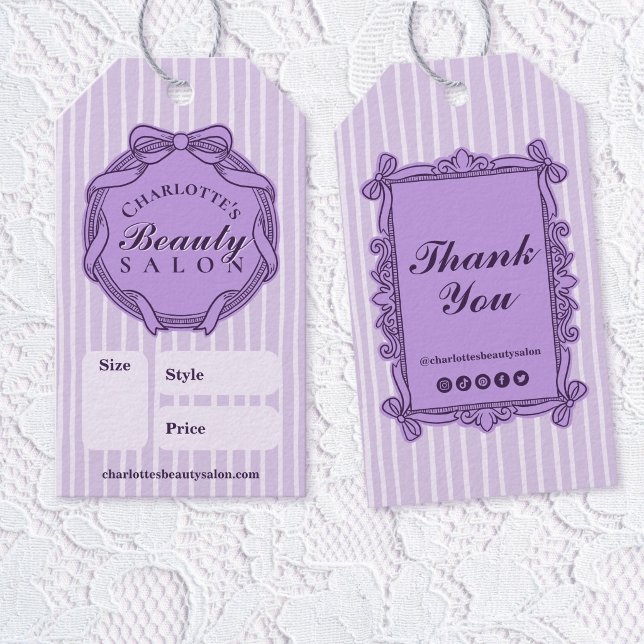 Lila utsmyckad bågrambroschyr Pris etikett (Purple Ornate Bow Frame Salon Price Tag)