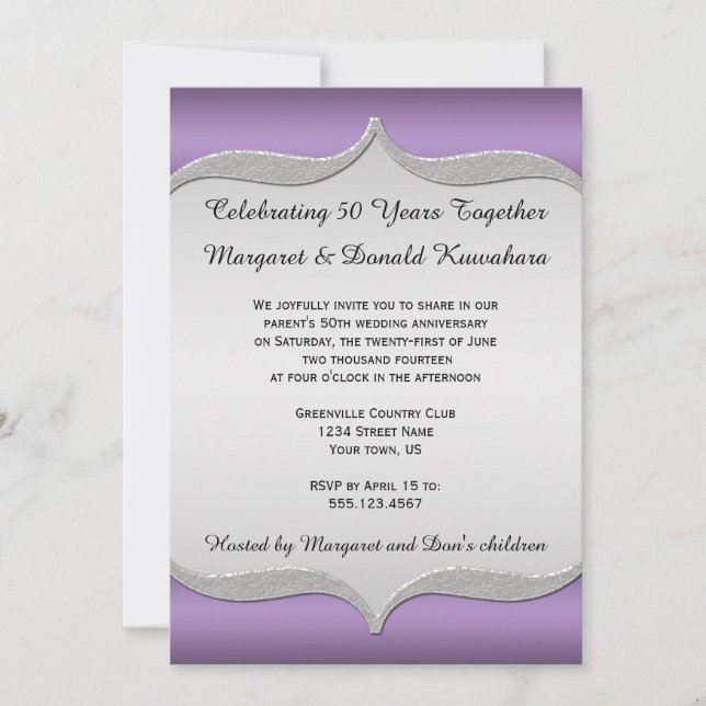 Lila utsmyckad silverram 25-årsjubileum inbjudningar (Framsida)