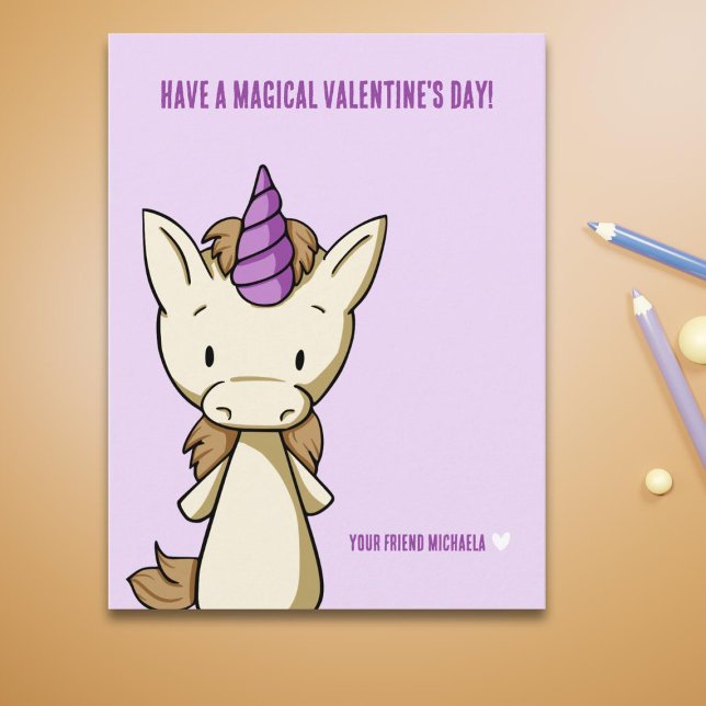 Lila Valentindagen Unicorn Classroom Helg Vykort (Skapare uppladdad)
