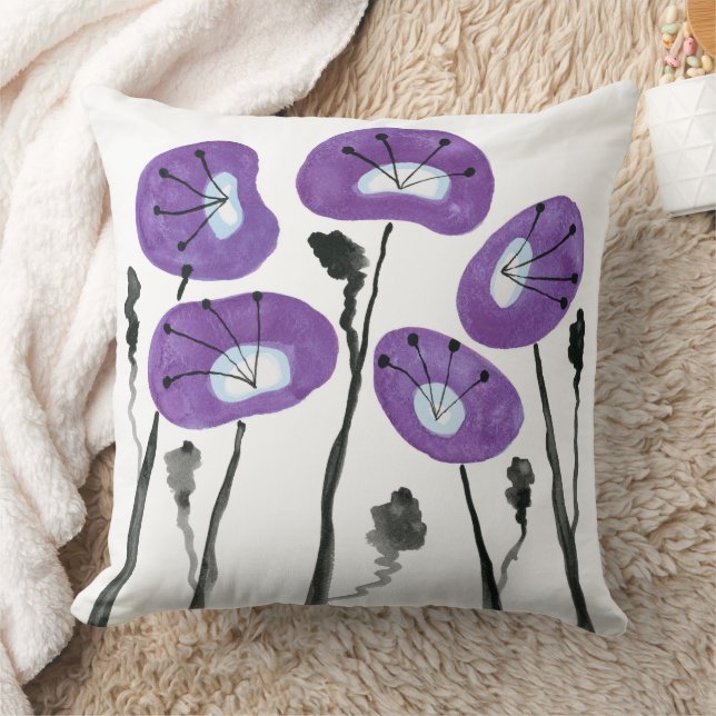 Lila Vallmo Boho Moderna Akvarellblommor Kudde (Filt)