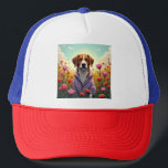 Lila valp i blomning keps<br><div class="desc">Denna charmerande illustration fångar den goda stämningen hos en älskvärd hund som sitter fredligt i ett livfullt fält av blomning av vilda blommor. I en överdimensionerad lavender jacka är valpen en varm och tyst personlighet, som om det tar ett reflekterande ögonblick att njuta av naturens skönhet. Med mjuk, själslig ögon...</div>