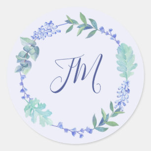 Lila Vår Blommigt Utandning Monogram Bröllop Runt Klistermärke