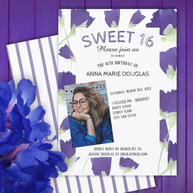 Lila Vår Tulips Blommigt Sweet 16 inbjudningar (purple tulips floral summer spring springtime sweet 16 sixteen party invitations, flowers, stripes)