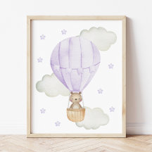 Lila varmluftsballong, djur, björn, stjärnor