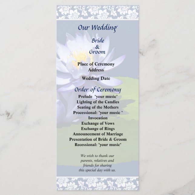 Lila Vatten Lilies i Sunshine-Bröllopsprogrammet Program (Framsida)