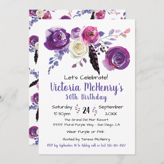 Lila vattencolor Blommigt Boho Födelsedagsfest Inbjudningar (Fram/baksida)