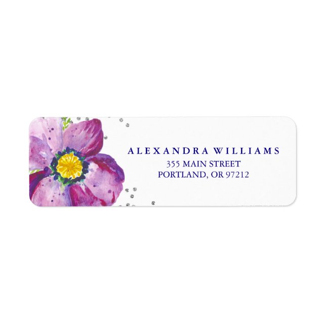 Lila Vattenfärg Anemone Flower Silver Glitter Returadress Etikett (Framsidan)