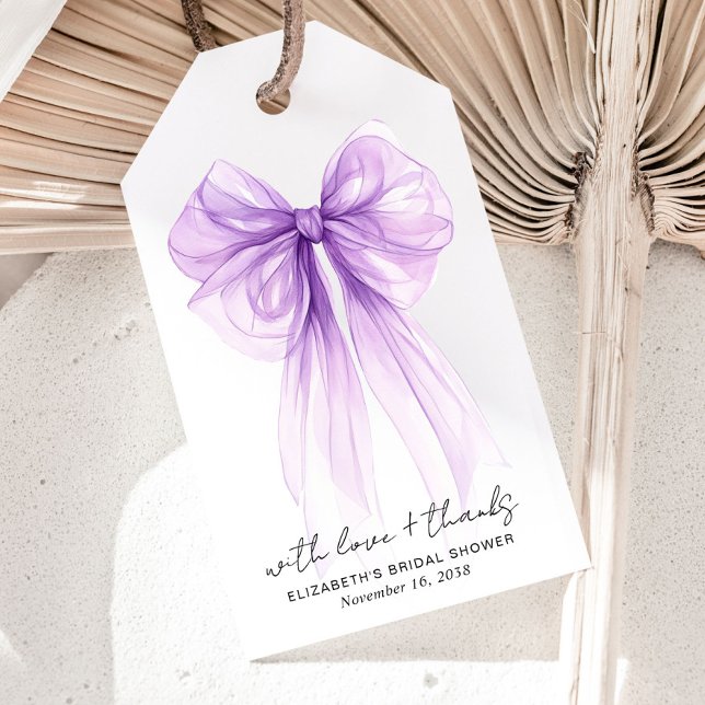 Lila vattenfärg bröllopsdusch tack presentetikett (Purple Bow Watercolor Bridal Shower Thank You Gift Tags)