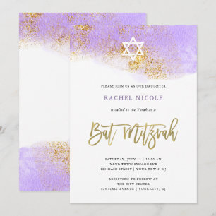 Lila vattenfärg Faux Guld Bat mitzvah Inbjudningar