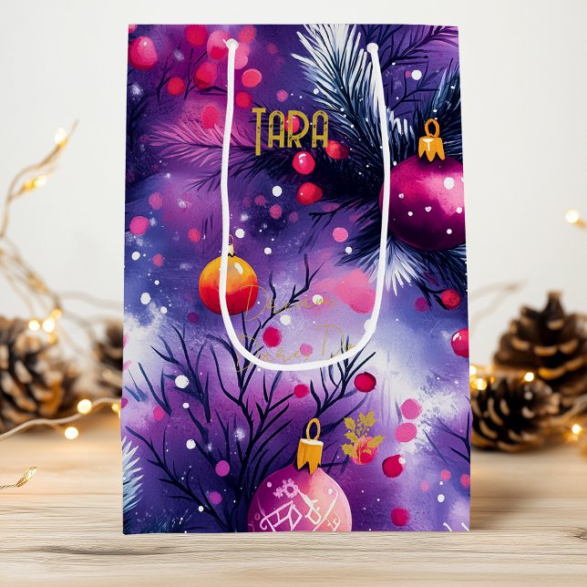 Lila vattenfärg julgransprydnader presentpåse (Skapare uppladdad)