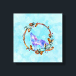 Lila Vattenfärgad Varg med utandning av Boho Canvastryck<br><div class="desc">Ett kanvastryck med en grafisk illustration som består av en varg med lila vattenfärg,  i en klassisk hovling. Omgiven av en illustrerad krans av trä,  kristaller,  fjädrar och pärlor. Coola Native American-motiv med en boho stil.</div>