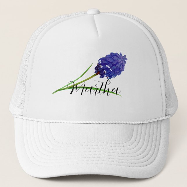 Lila Vattenfärgblomma med namn Truckerkeps (Framsida)