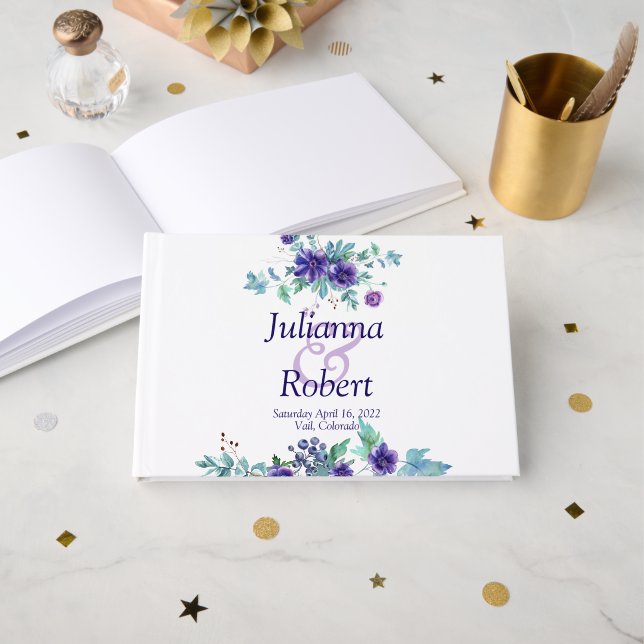 Lila vattenfärgen blommigt bröllop gäst bok (Framsida öppen)