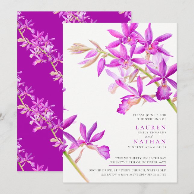 Lila vattenfärgen orchid modern botanisk bröllop inbjudningar (Fram/baksida)