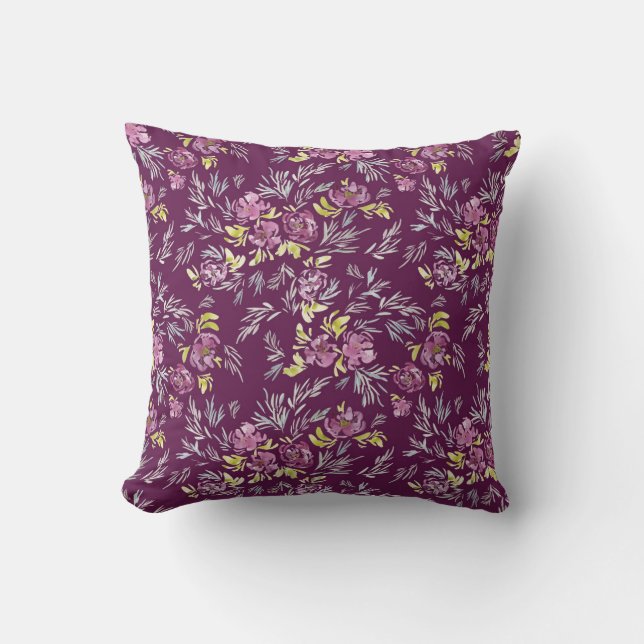Lila vattenfärgsblomma mönster kudde (Framsida)