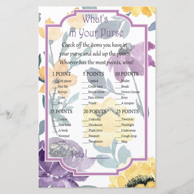 Lila vattenfärgsblomma Vad är det i ditt purspel? (Framsida)