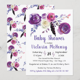 Lila vattenfärgsBlommigt Boho BabyShower Inbjudningar