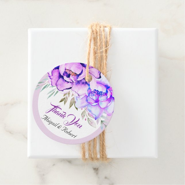 Lila vattenfärgsblommor, lilac blommigt bröllop gåvor etiketter (På plats)