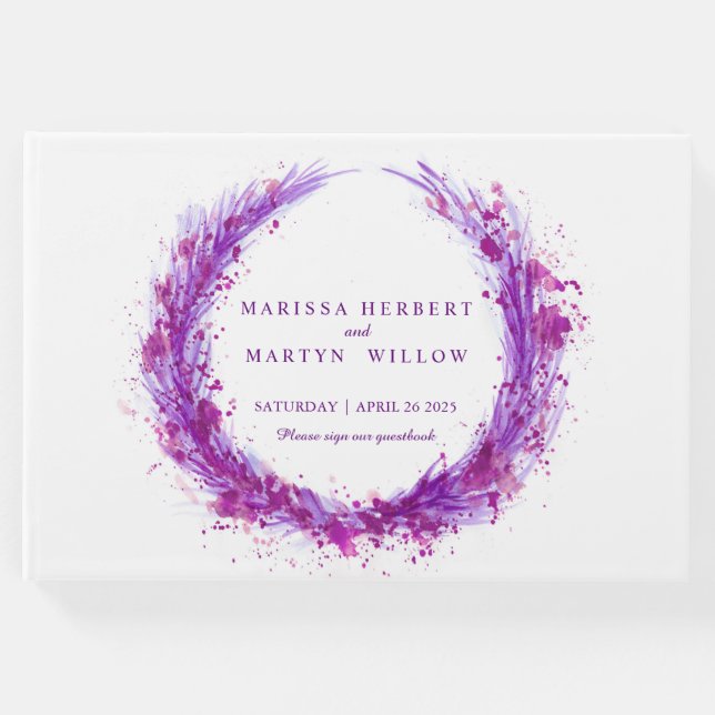 Lila vattenfärgsbok för utandning av stänk bröllop gästböcker (Framsida)