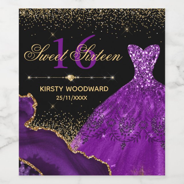 Lila Vattenfärgstryck & glitter agate Sweet 16 Vinflaska Etikett (Singel etikett)