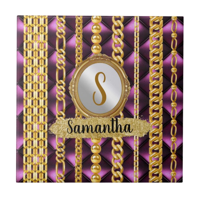 Lila Velvet Guld Monogram Elegant Chic Kakelplatta (Framsidan)
