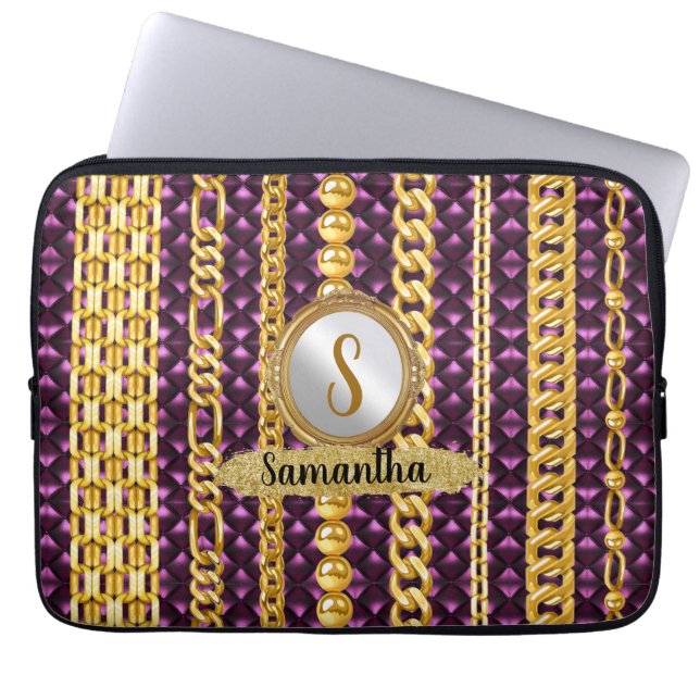 Lila Velvet Guld Monogram Elegant Chic Laptop Fodral (Framsidan)