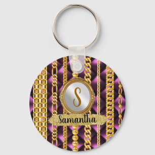Lila Velvet Guld Monogram Elegant Chic Nyckelring