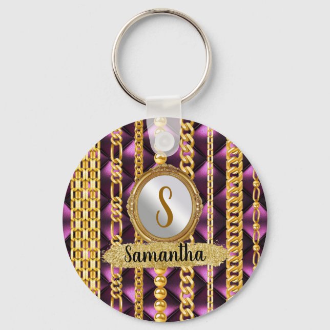 Lila Velvet Guld Monogram Elegant Chic Nyckelring (Framsida)